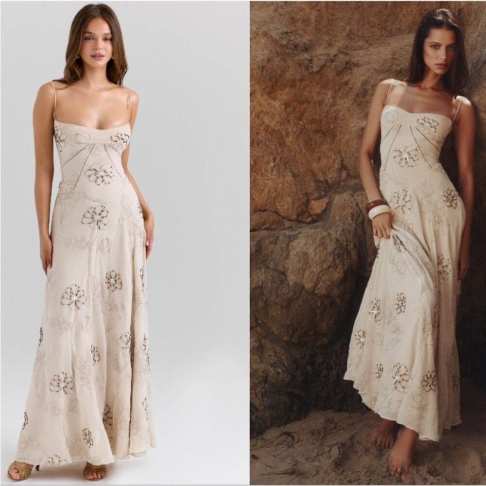 House of CB XS D-DD plus cup Seren Vanilla Embroidered Hand Beaded Floral dress